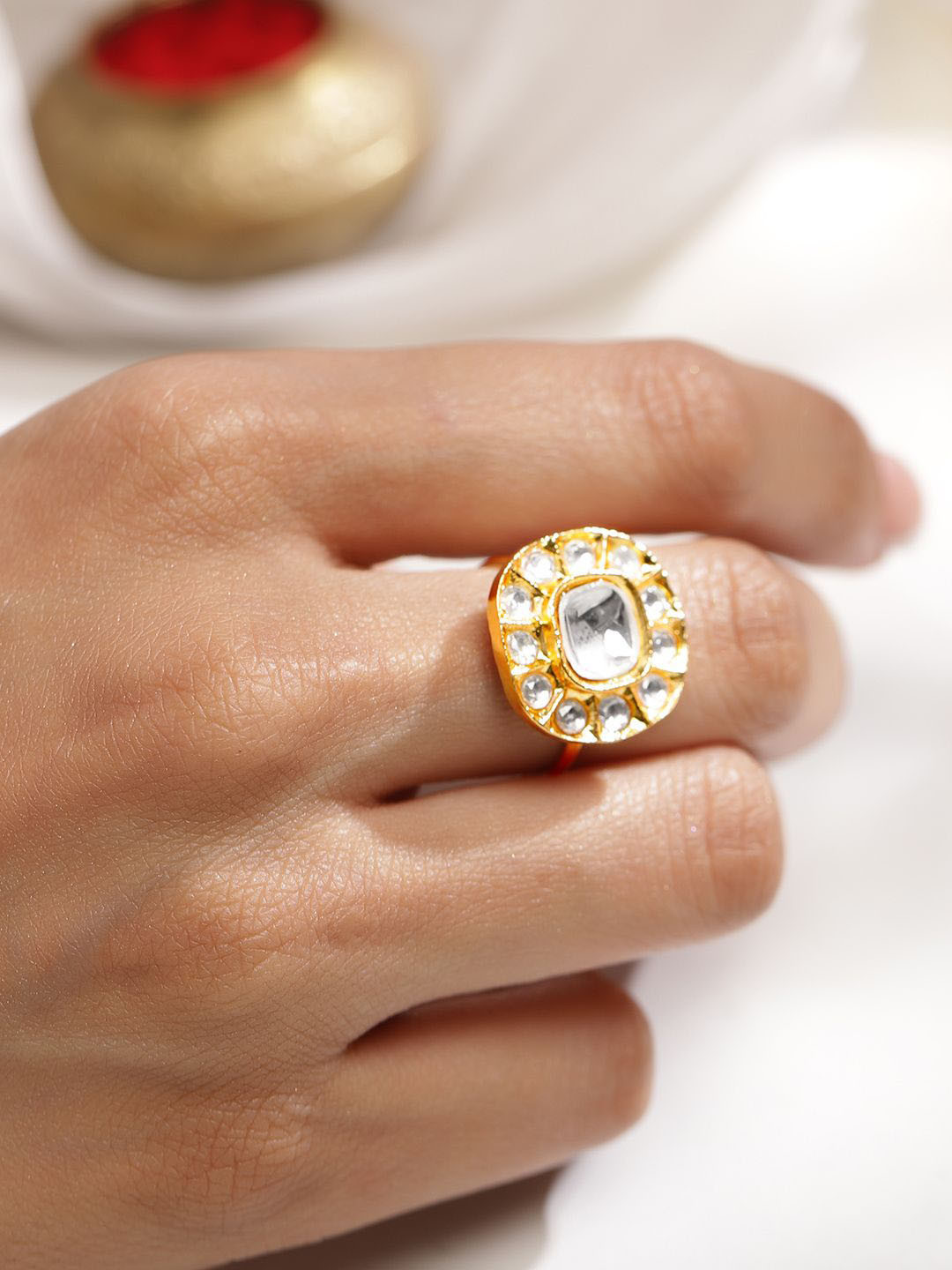 Rubans 18K Gold-Plated White Kundan Studded Circular Adjustable Ring