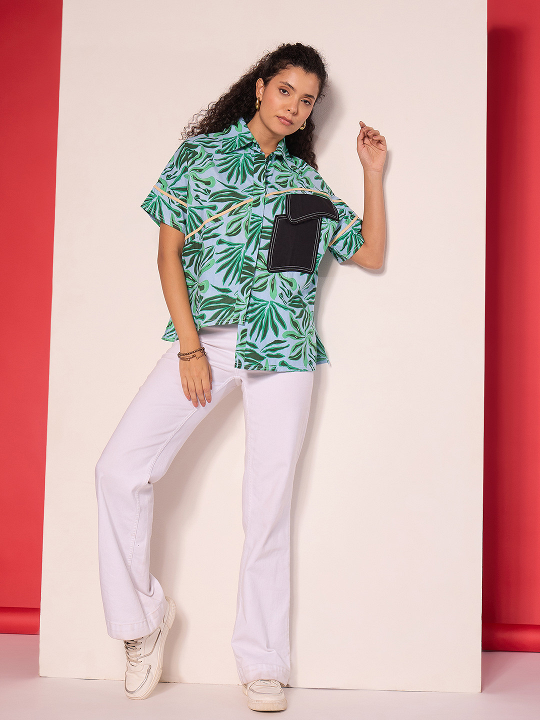 Uptownie Boxy Shirt With Asymmetric Contrast Pocket