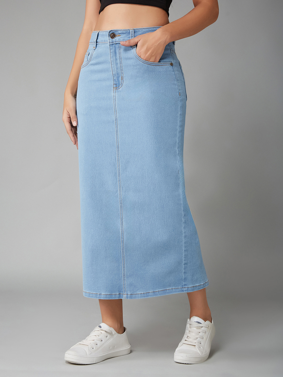 DOLCE CRUDO Sunflower Soul High Rise Straight Midi Stretchable Denim Skirt