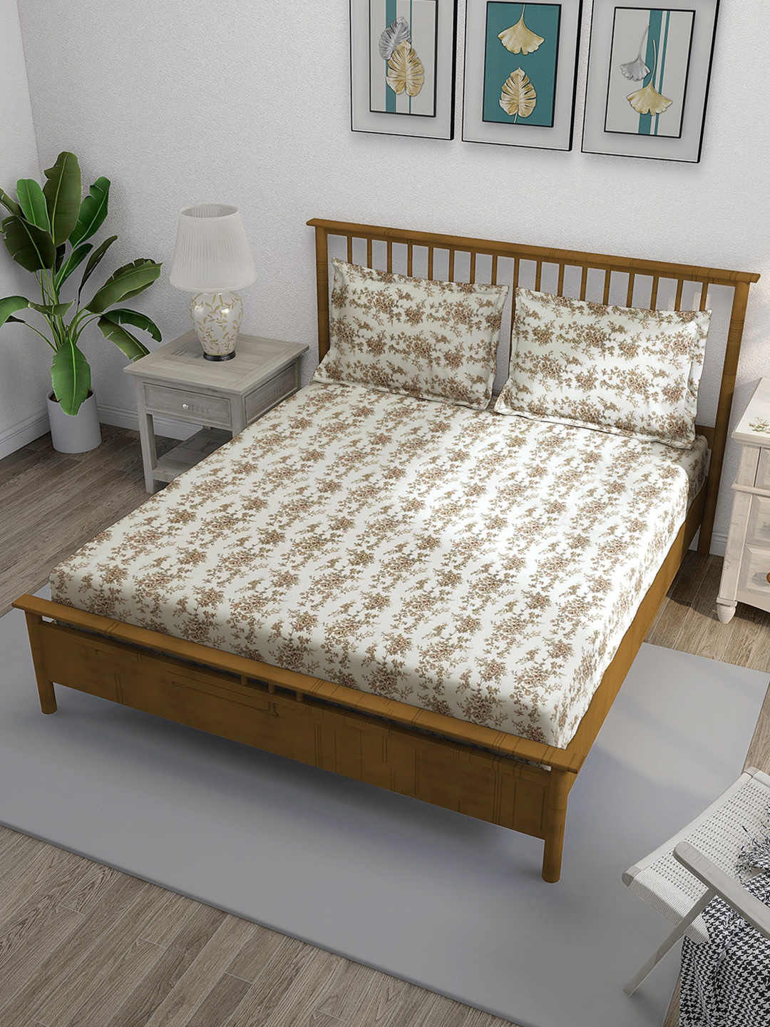 SWAYAM Off White & Brown Floral Printed Cotton 240 TC King Bedsheet Set-2.28 m x 2.74 m