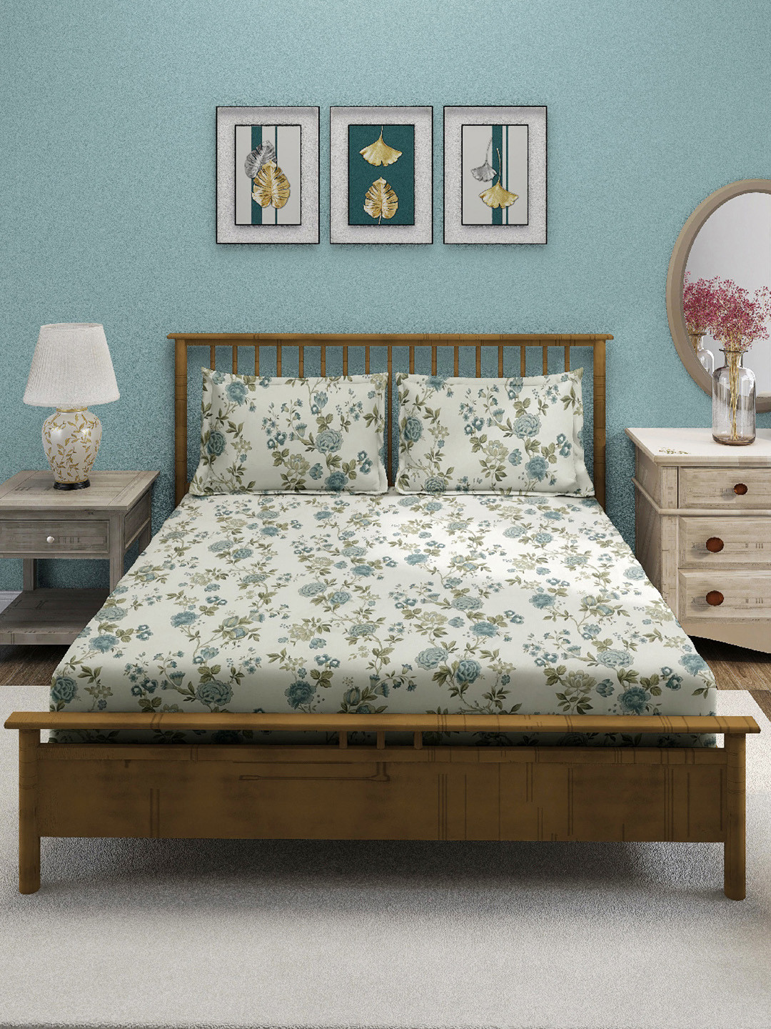 SWAYAM Green & Blue Printed King Bedsheet Bedsheet Sets - 2.74 m x 2.74 m