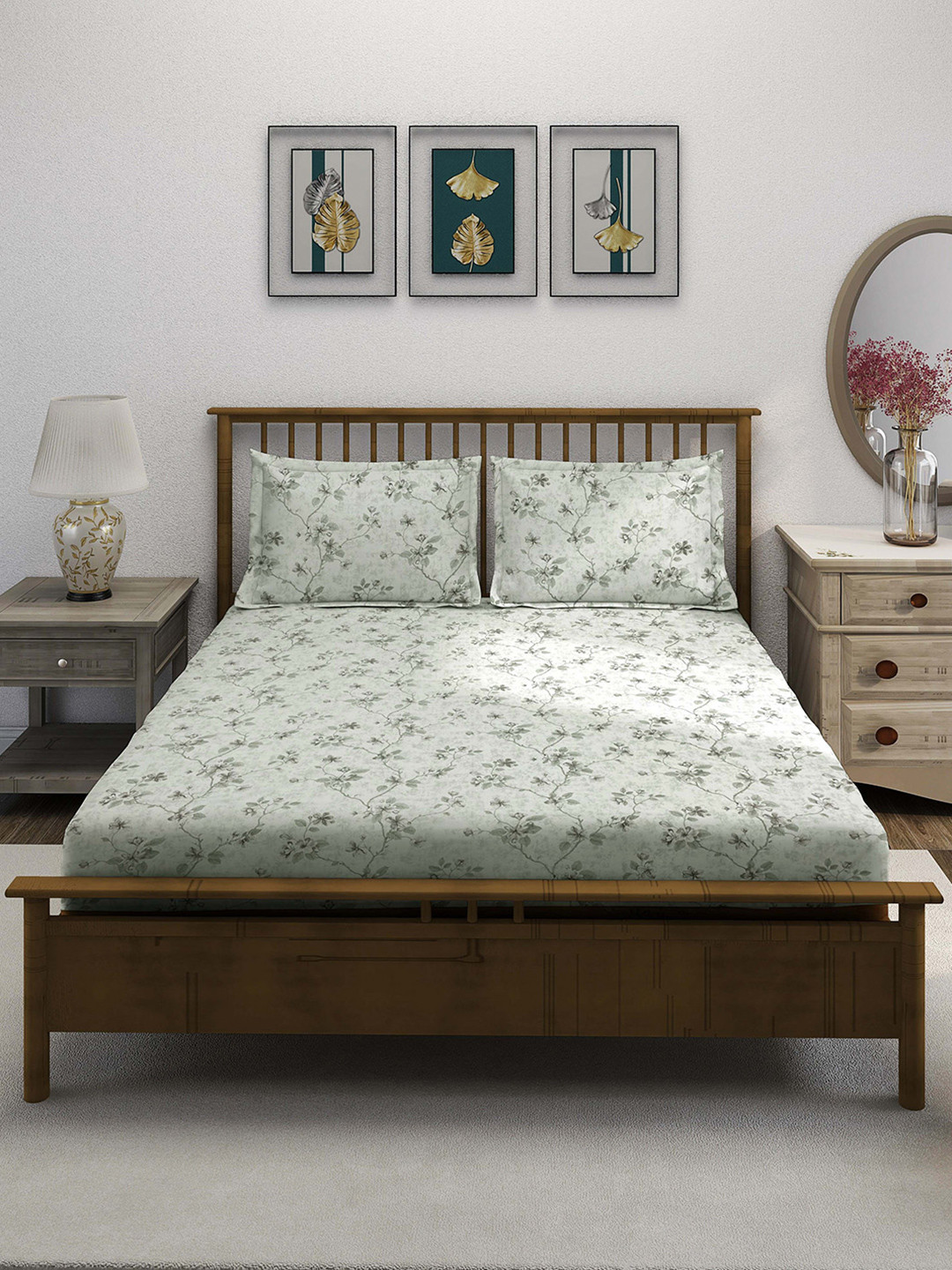 SWAYAM Green & White Printed King Bedsheet & 2 Pillow Covers - 2.74 m x 2.74 m