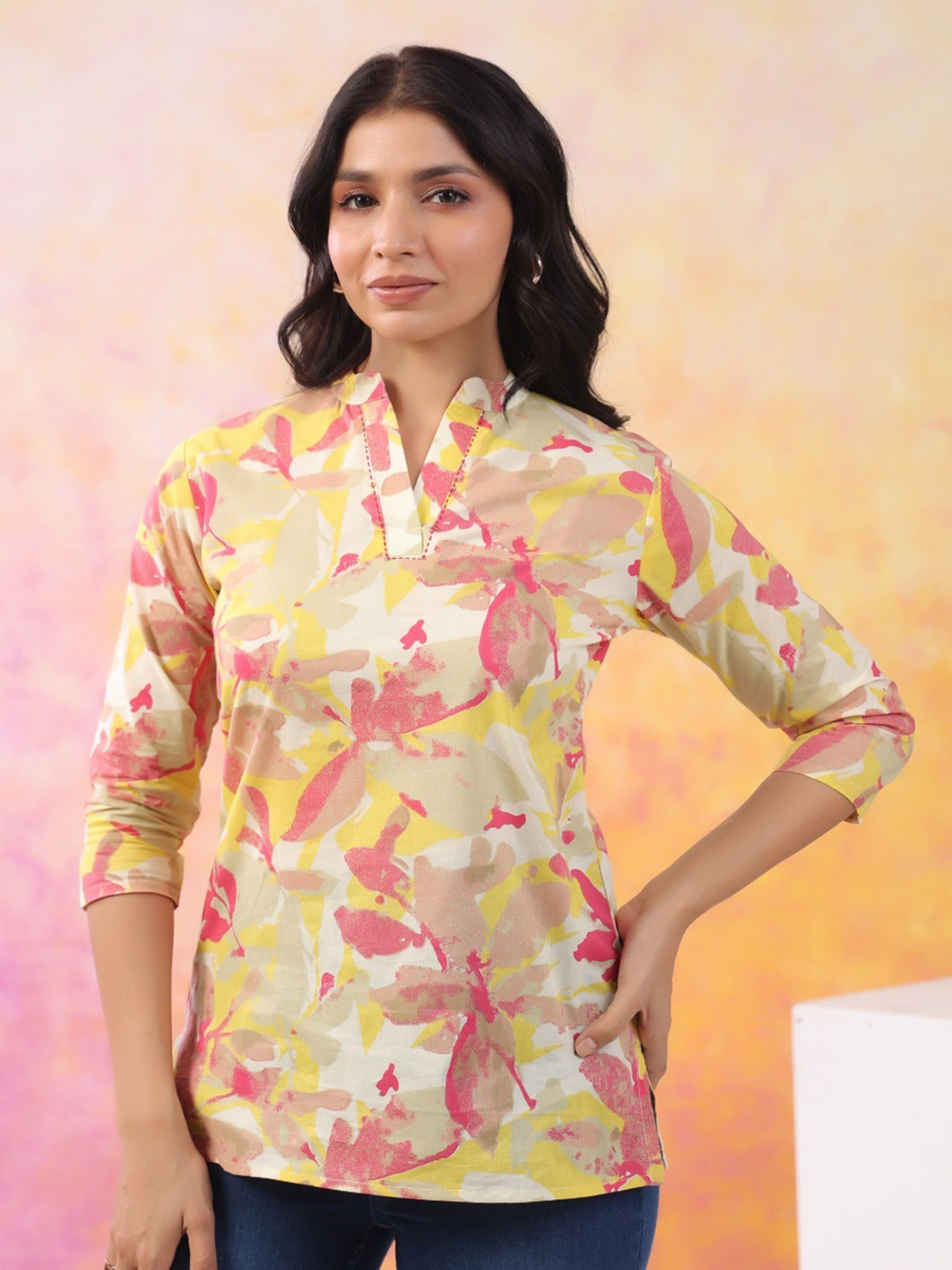 Rimika Floral Print Mandarin Collar Ethnic Cotton Top