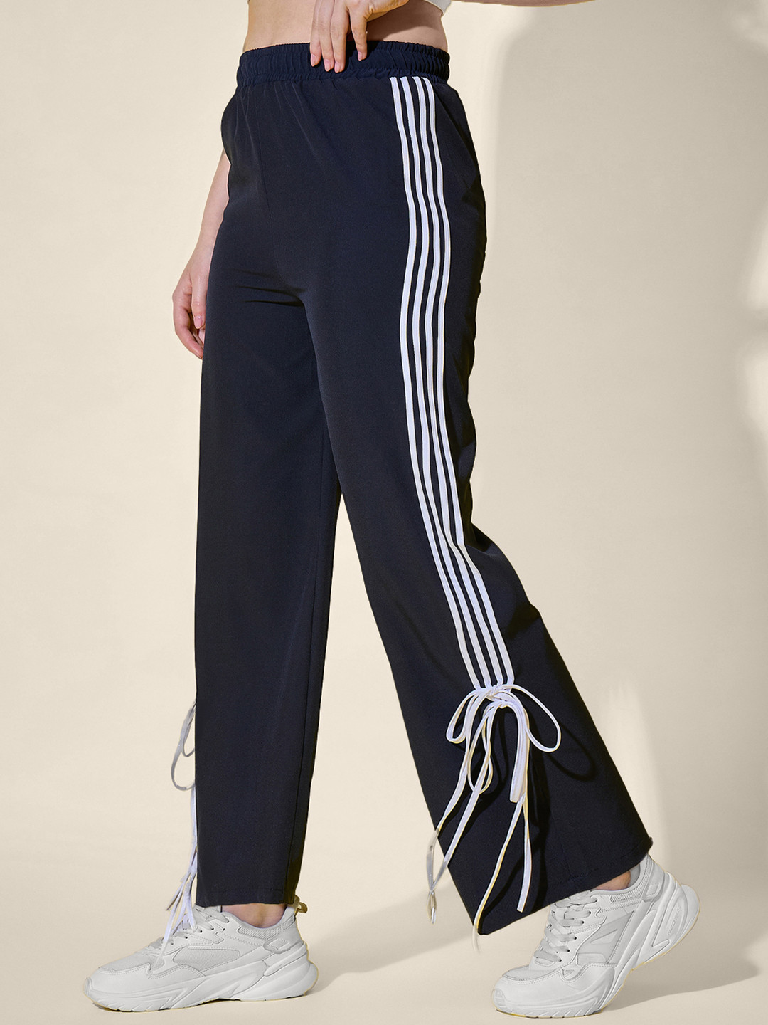 QIOA Women Side Stripes Relaxed Fit Ankle Tie Detail Track Pants