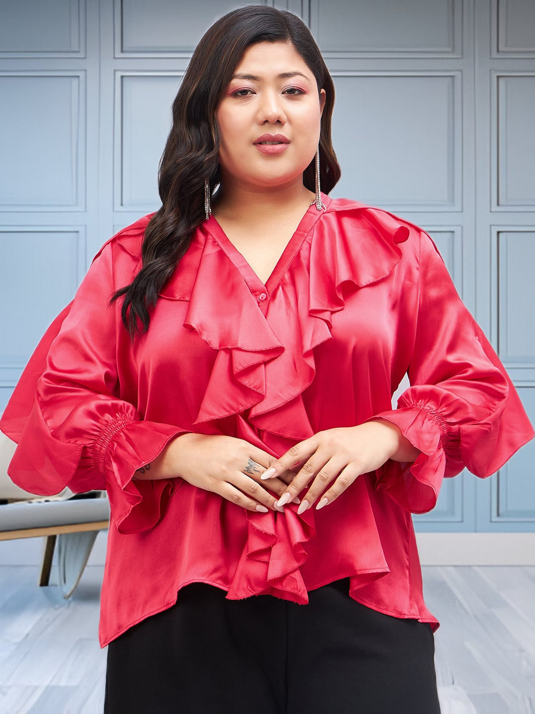 Sztori Pluse Size Front Ruffle Satin Top