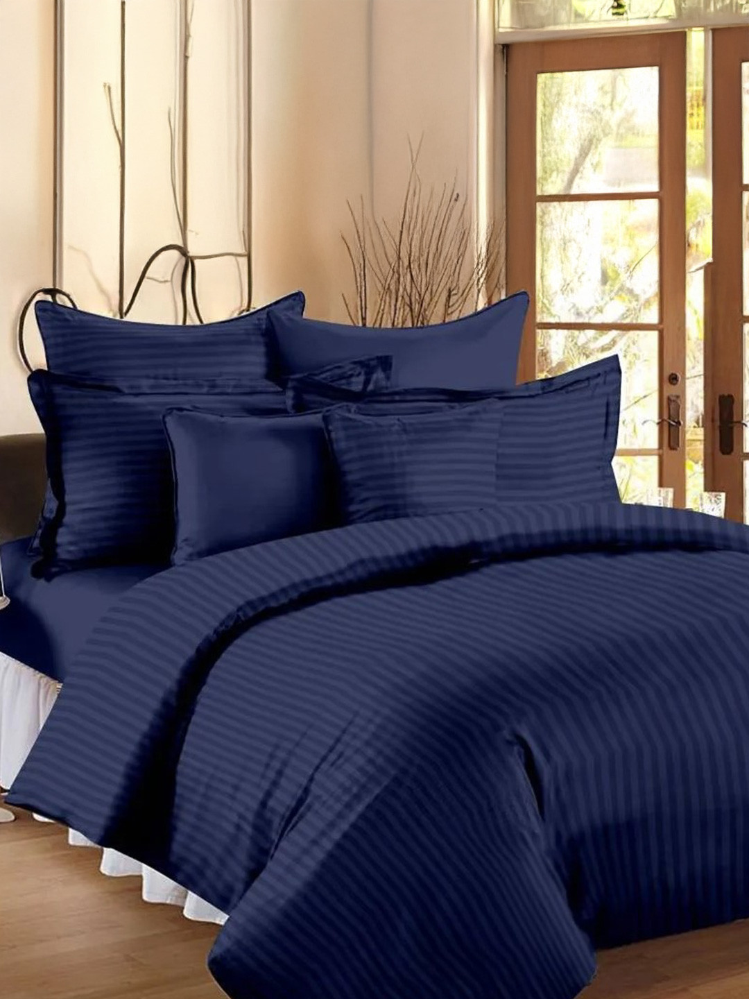 Aura Blue Striped Printed 350 TC King Fitted Bedsheet Set 2.7 x 2.6 m