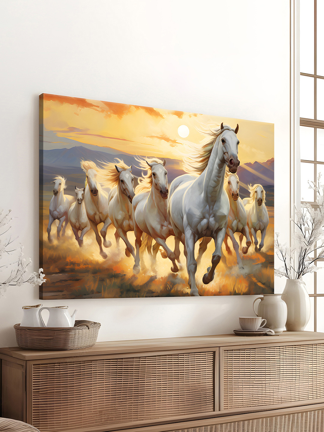 Art Street Landscape Abstract Eight White Running Horse Canvas Wall Art