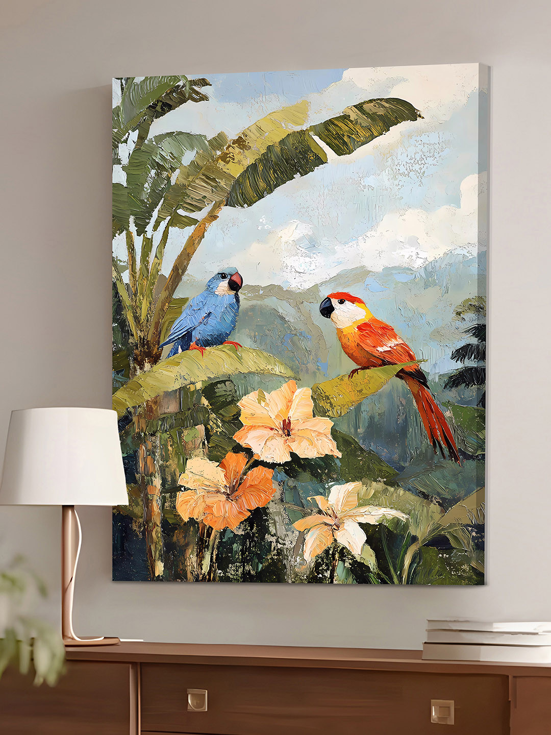 Art Street Green & Yellow Exotic Parrots Tropical Nature Canvas Wall Art