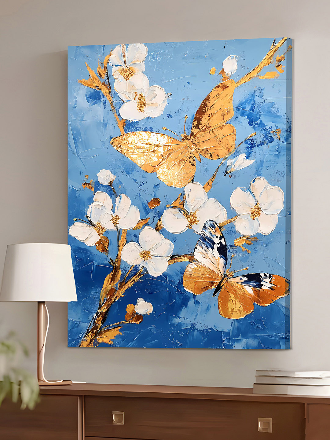 Art Street Blue & White Floral Flying Butterfly Canvas Wall Art