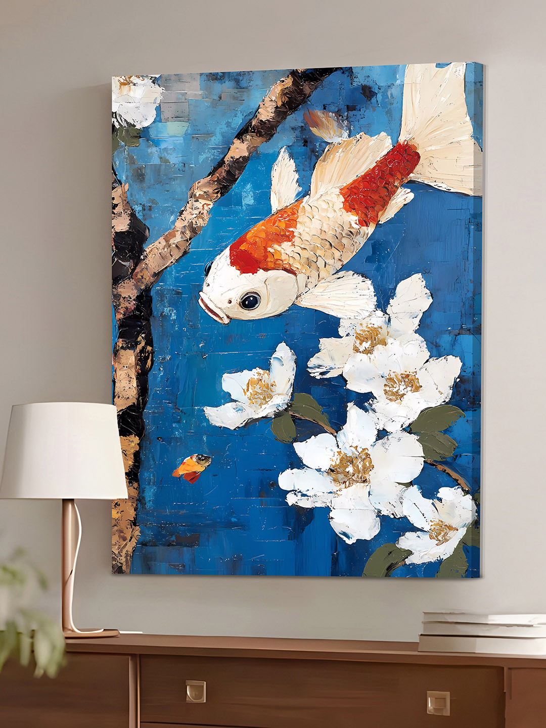 Art Street Blue & White Vibrant Floral Koi Fish Canvas Wall Art