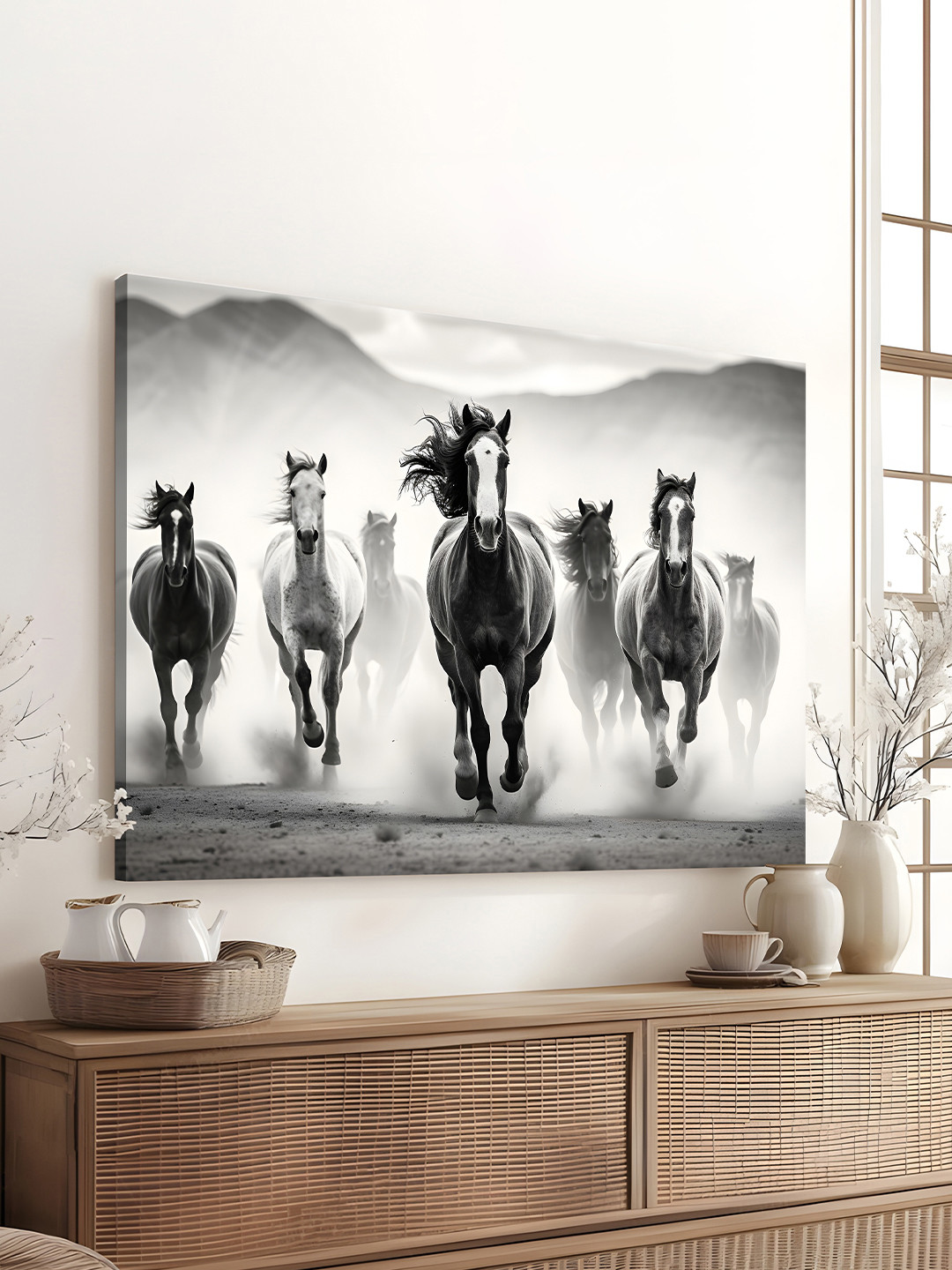 Art Street Black and White 7 Running Horses Wall Art Painting
