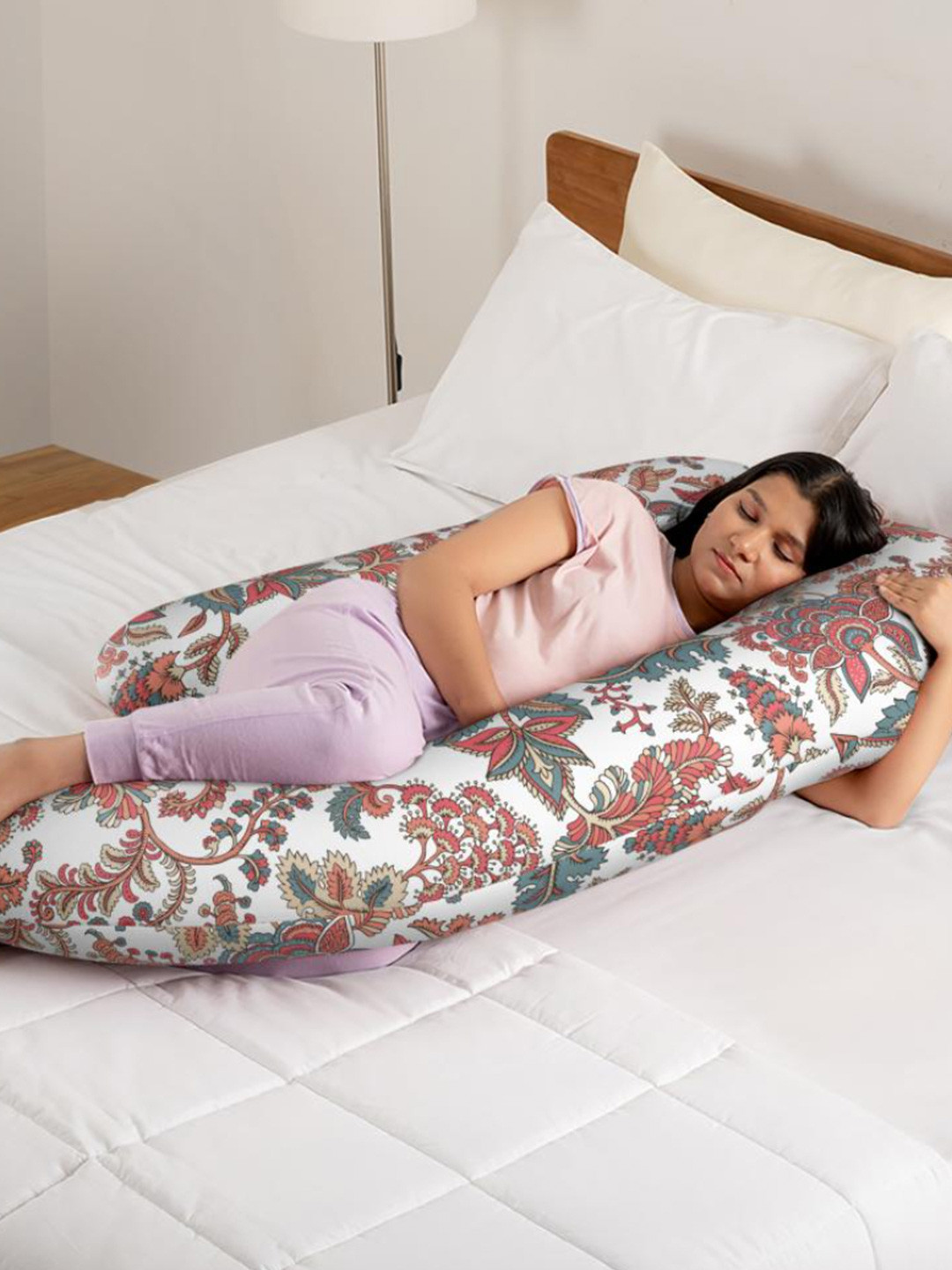 wakefit White & Rust Floral Printed Fibre Filled Pure Cotton J Shaped Maternity Pillow