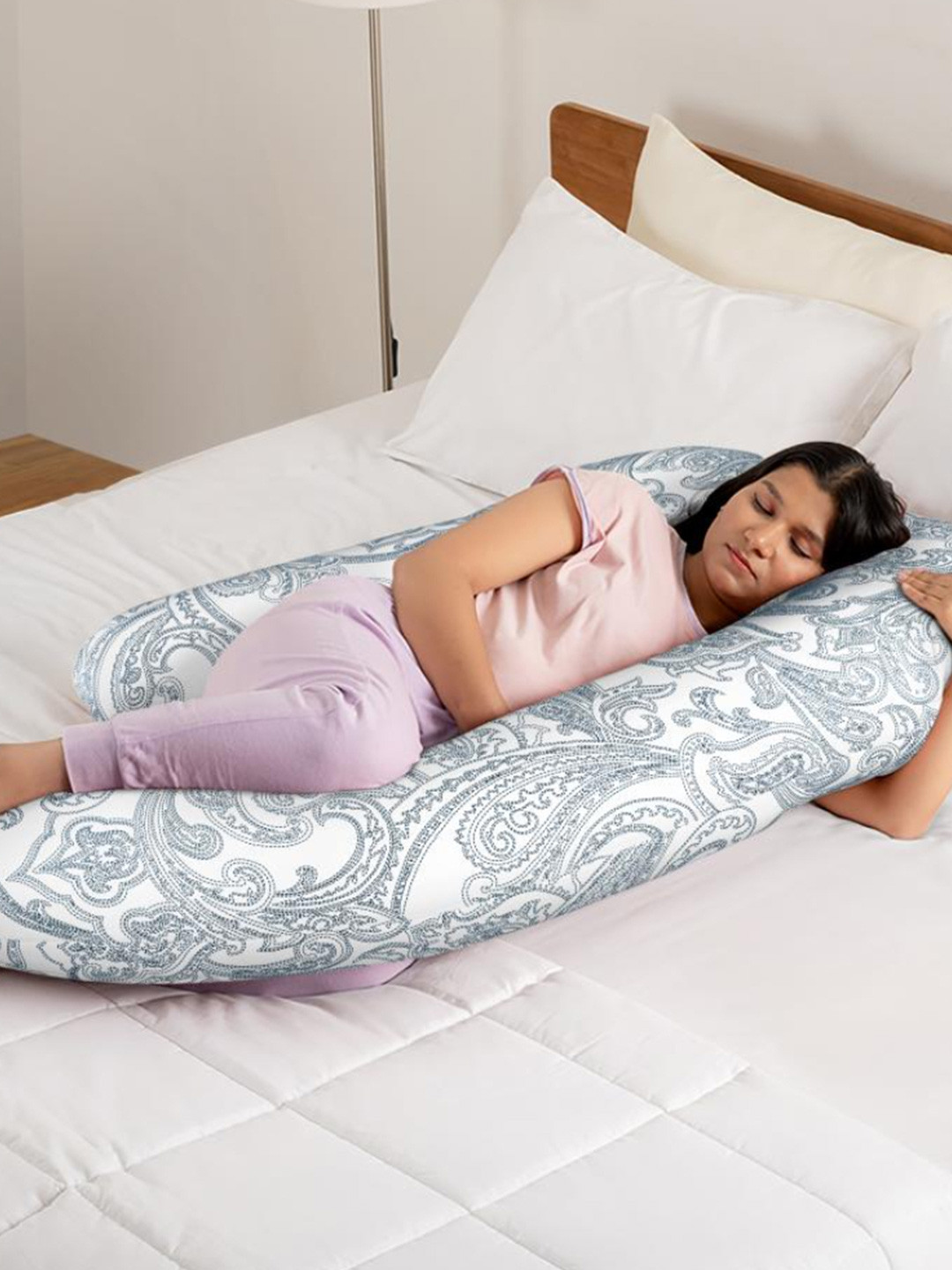 wakefit White & Grey Paisley Printed Fibre Filled Pure Cotton J Shaped Maternity Pillow