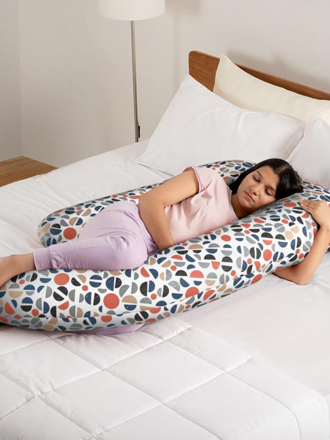 wakefit White & Blue Geometric Printed Fibre Filled Pure Cotton J Shaped Maternity Pillow