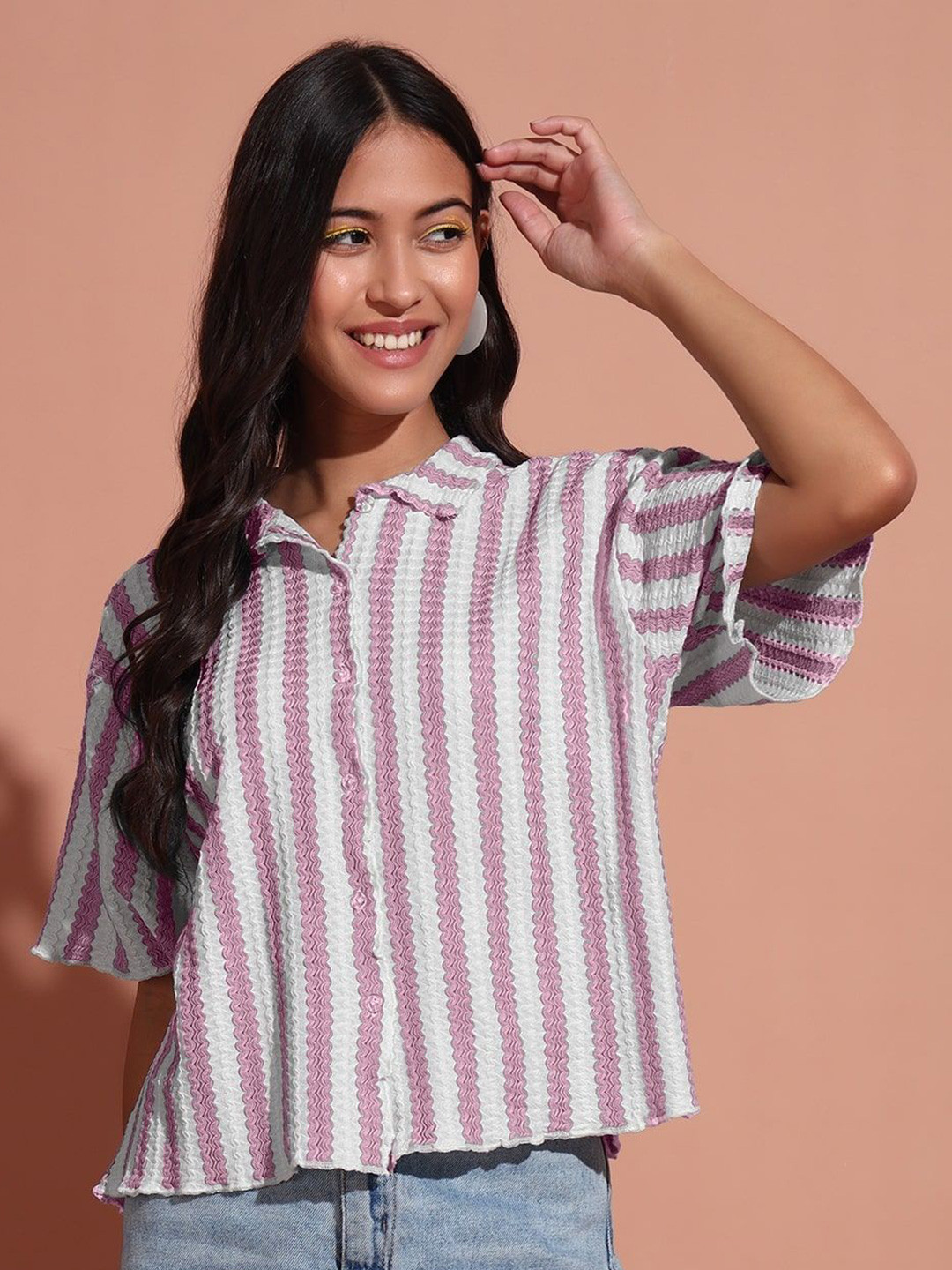 The Dry State Striped Drop-Shoulder Sleeves Spread Collar Cotton Casual Shirt