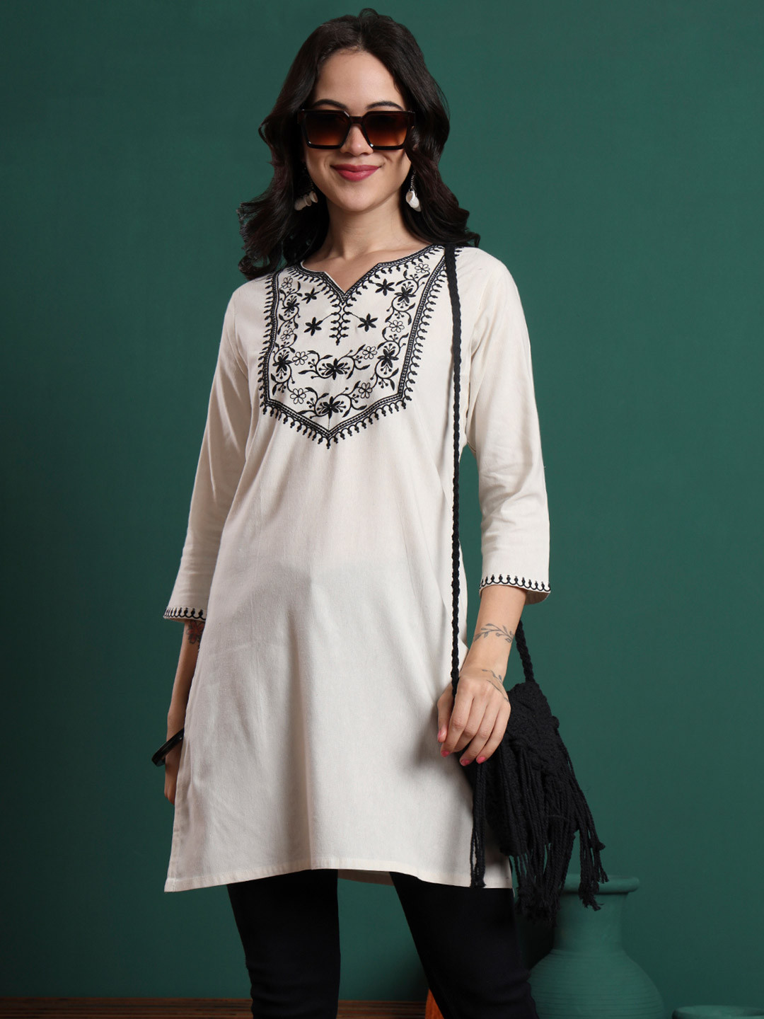 Royal Export Floral Yoke Design Notch Neck Thread Work Straight Cotton Kurta