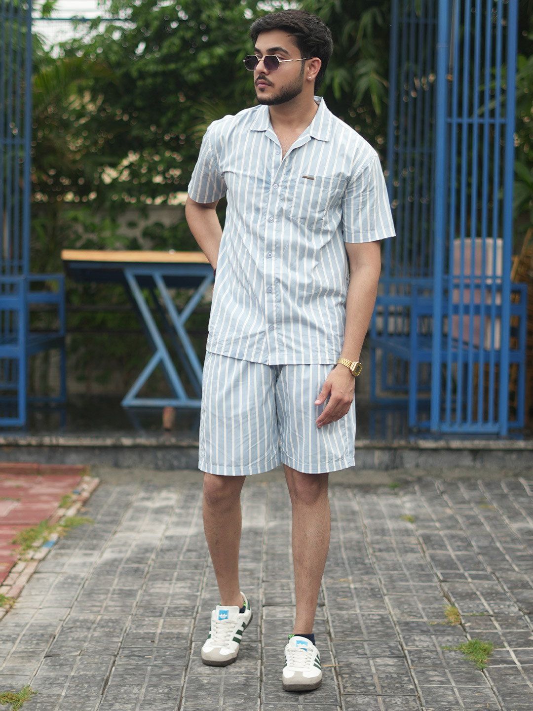 STARFOX Striped Short Sleeves Pure Cotton Shirt With Shorts