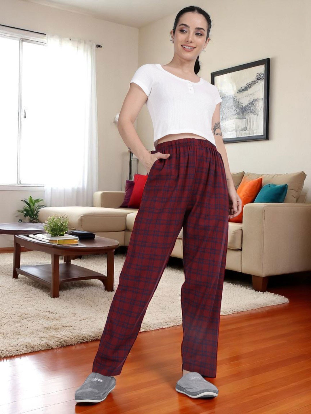 Kryptic Women Checked Pure Cotton Mid-Rise Lounge Pant