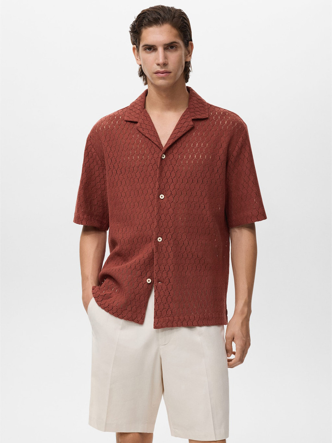 MANGO MAN Semi Sheer Open Weave Pure Cotton Relaxed Fit Casual Shirt