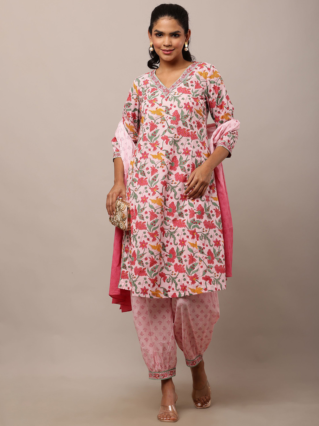 AADIYO Women Floral Printed V Neck Pure Cotton A Line Kurta Patiala with Dupatta