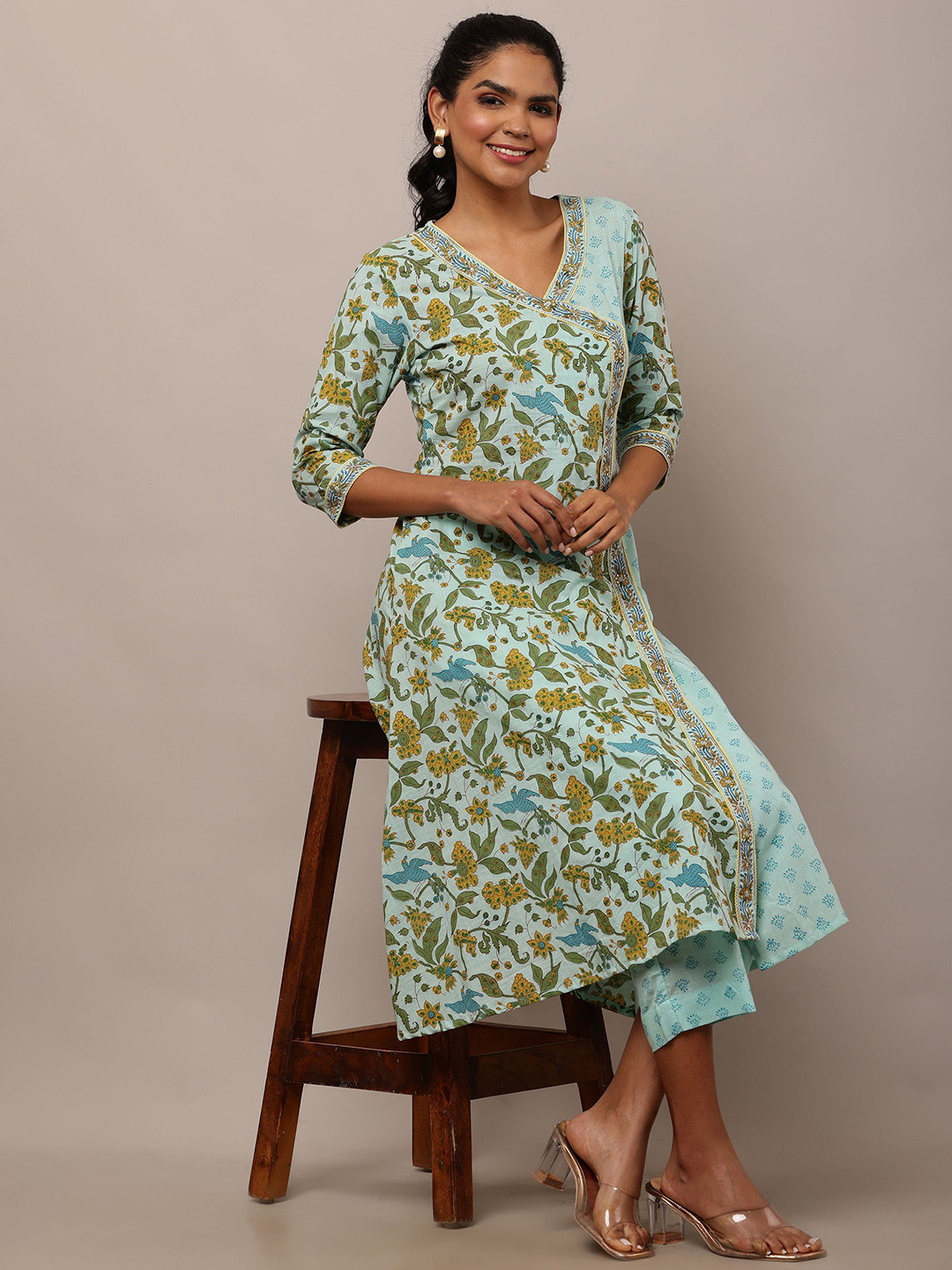 AADIYO Women Floral Printed V Neck Pure Cotton Angrakha Kurta with Pant