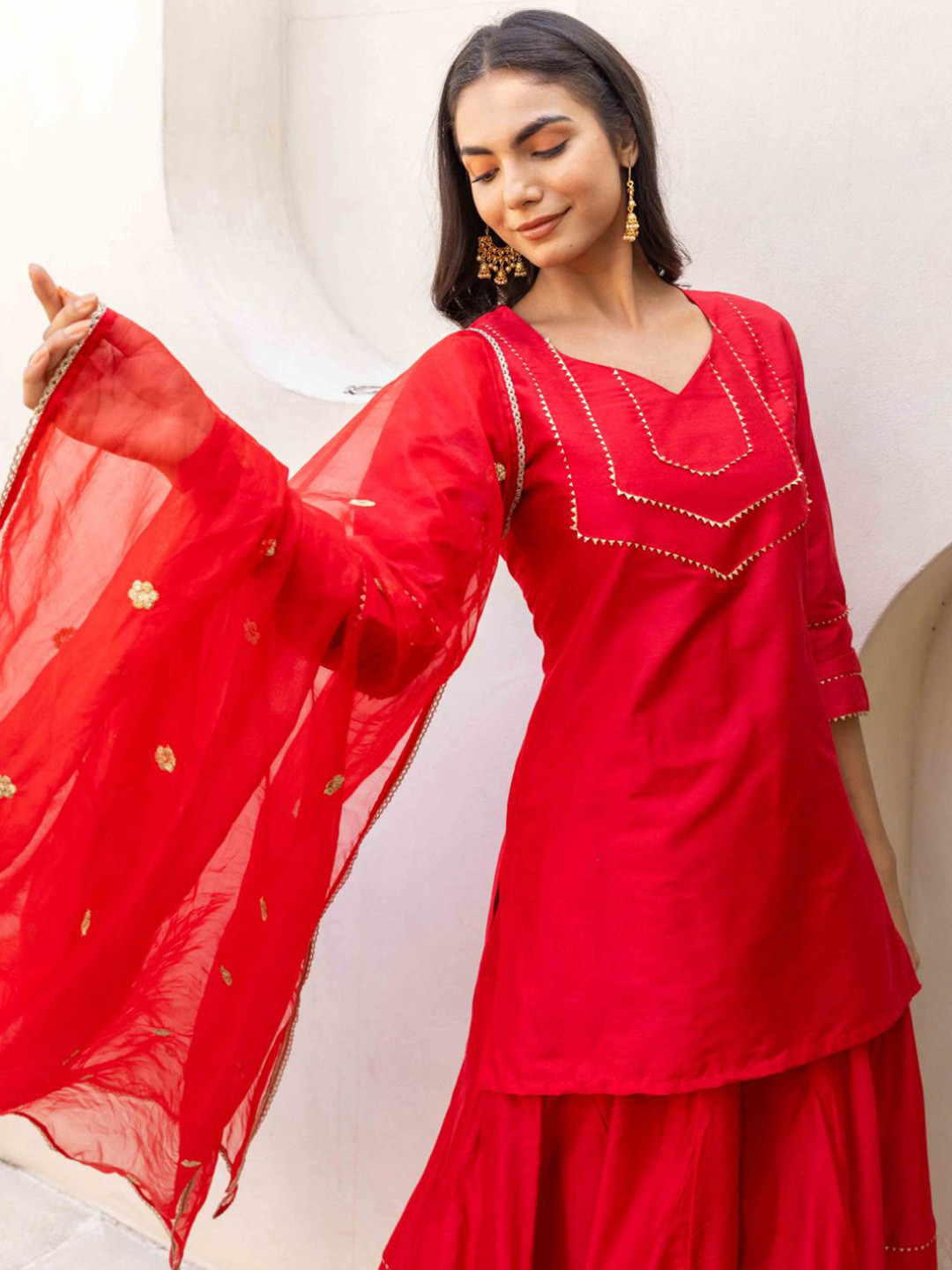 MAAND Gotta Patti Work Sweetheart Neck Pure Silk Kurta With Palazzos & Dupatta