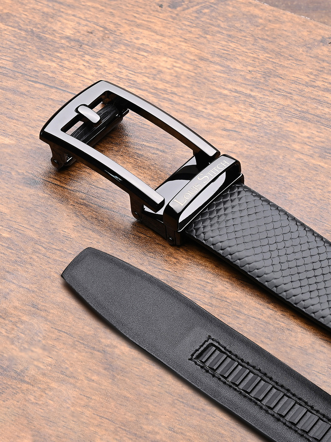 LOUIS STITCH Premium VT Leather Gunmetal Black Buckle Auto Lock Belt