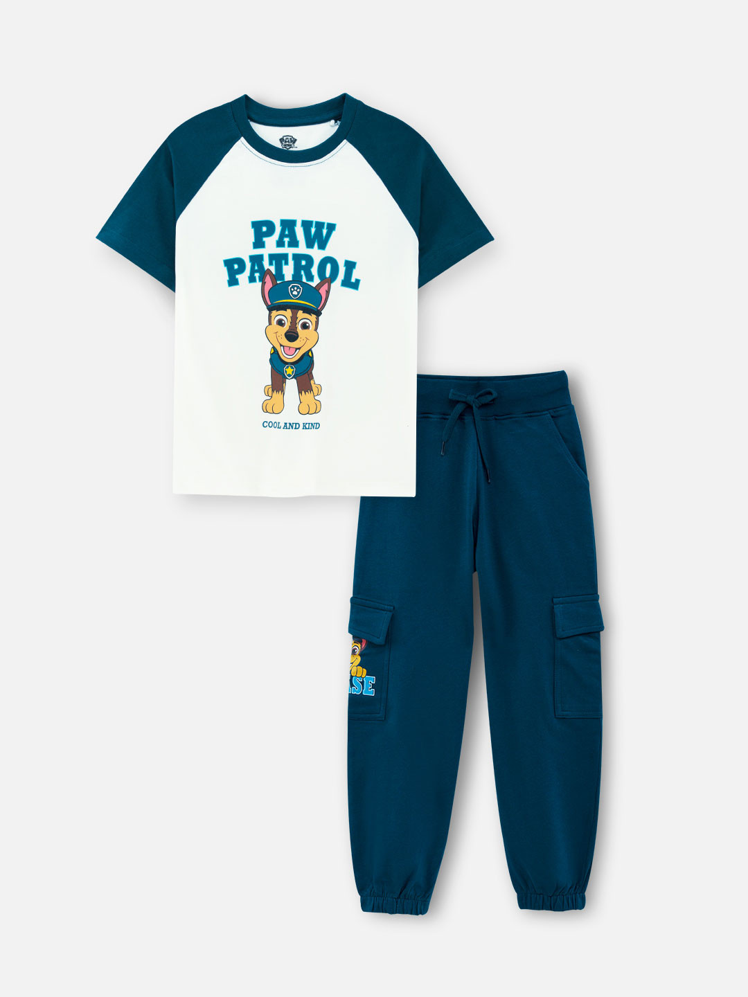 Nap Chief Kids Unisex Paw Patrol Chase Printed Pure Cotton T-Shirt & Cargo Jogger Set