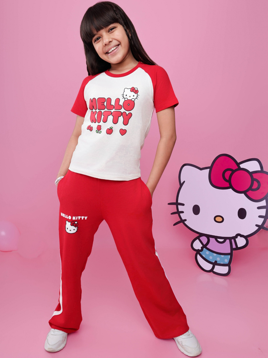 Nap Chief Girls Hello Kitty Athletic Printed Pure Cotton T-Shirt With Trouser Set