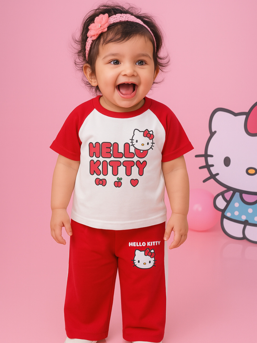 Nap Chief Infants Girls Hello Kitty Athletic Printed Pure Cotton T-Shirt with Trouser