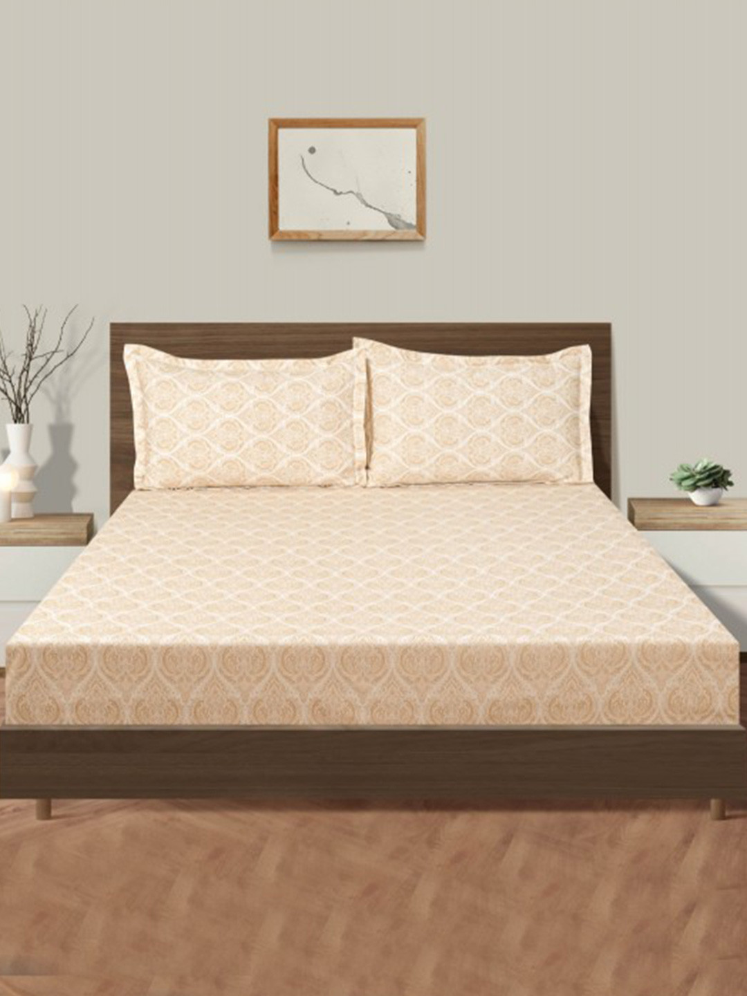 SWAYAM Anada Beige Ethnic Motifs Cotton 210TC Fitted King Bedsheet Set-1.82mX1.98mX30.48m