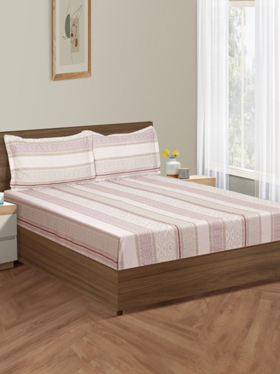 SWAYAM Anada Pink Striped Cotton 210TC Fitted Double King Bedsheet Set-1.82mX1.98mX30.48m