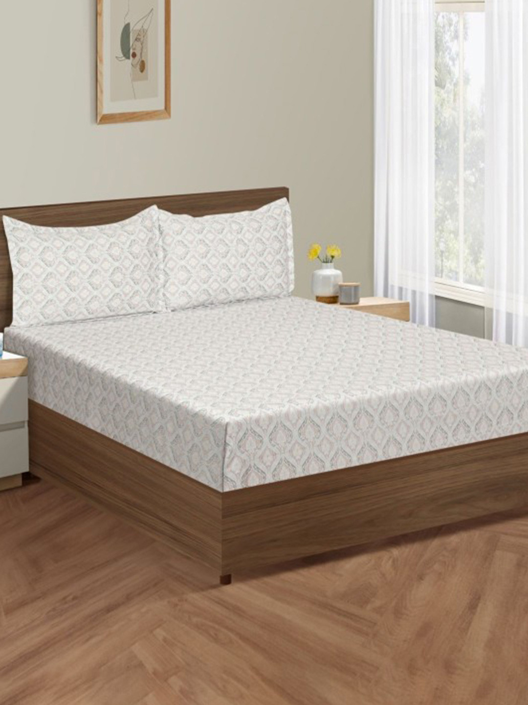 SWAYAM Zinnia Pink Abstract Cotton 250TC Fitted Double King Bedsheet Set-1.82mX1.98mX30.4m