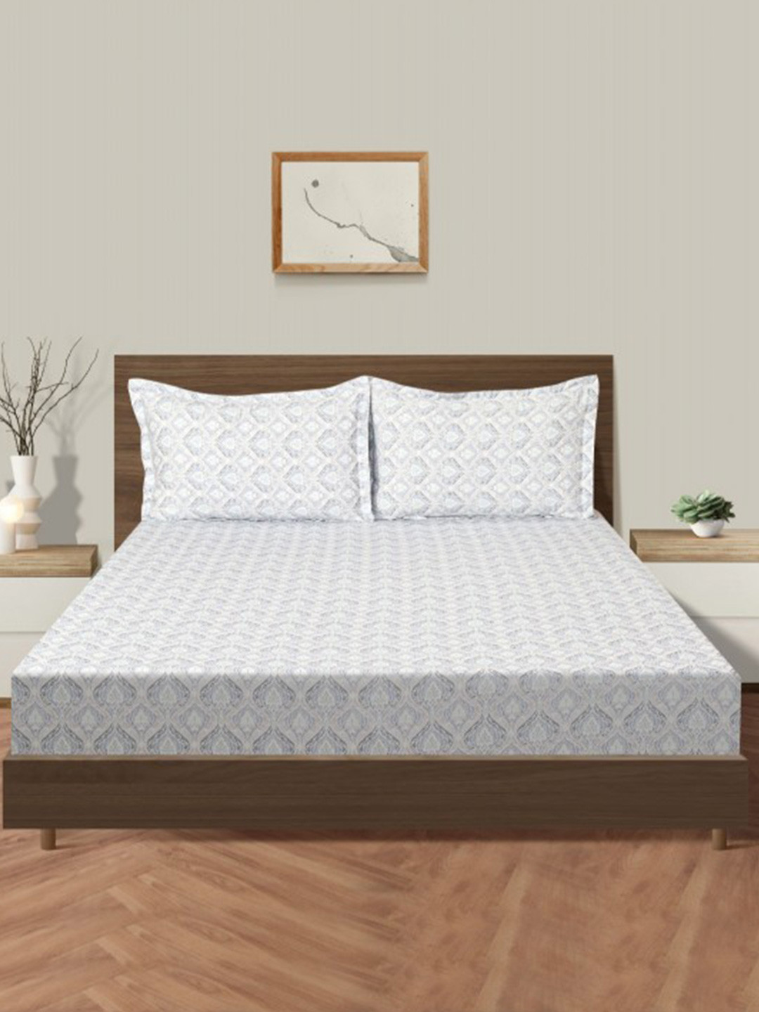 SWAYAM Zinnia Blue Floral Cotton 250TC Fitted Double King Bedsheet Set-1.82mX1.98mX30.4m