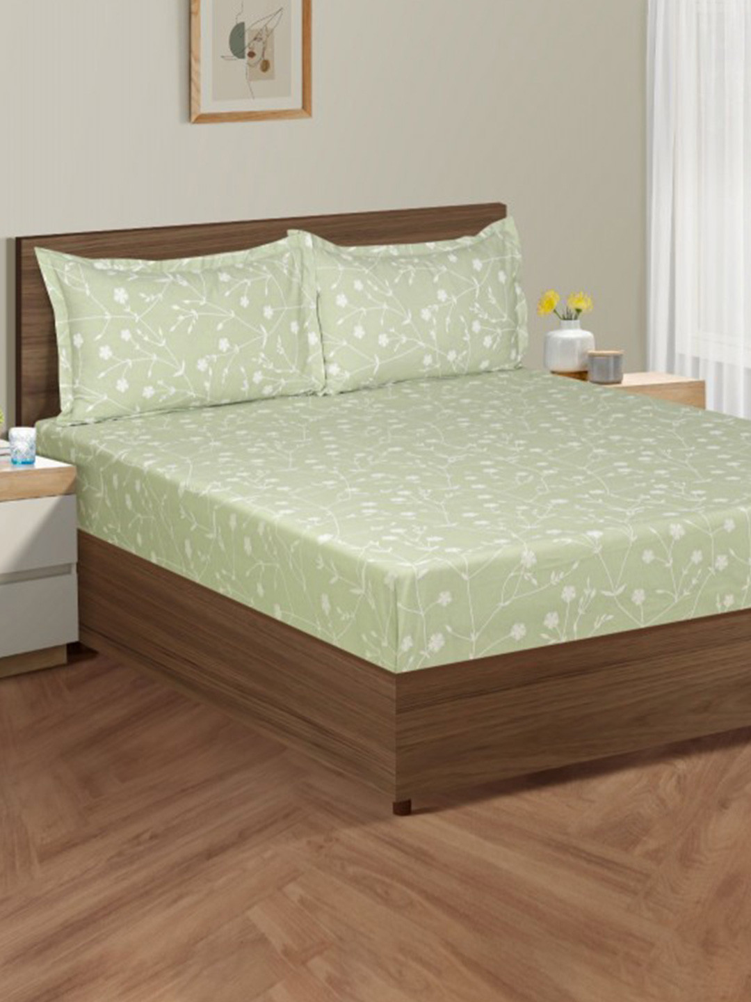 SWAYAM Anada Green Floral Cotton 210TC Fitted Double King Bedsheet Set-1.82mX1.98mX30.48m