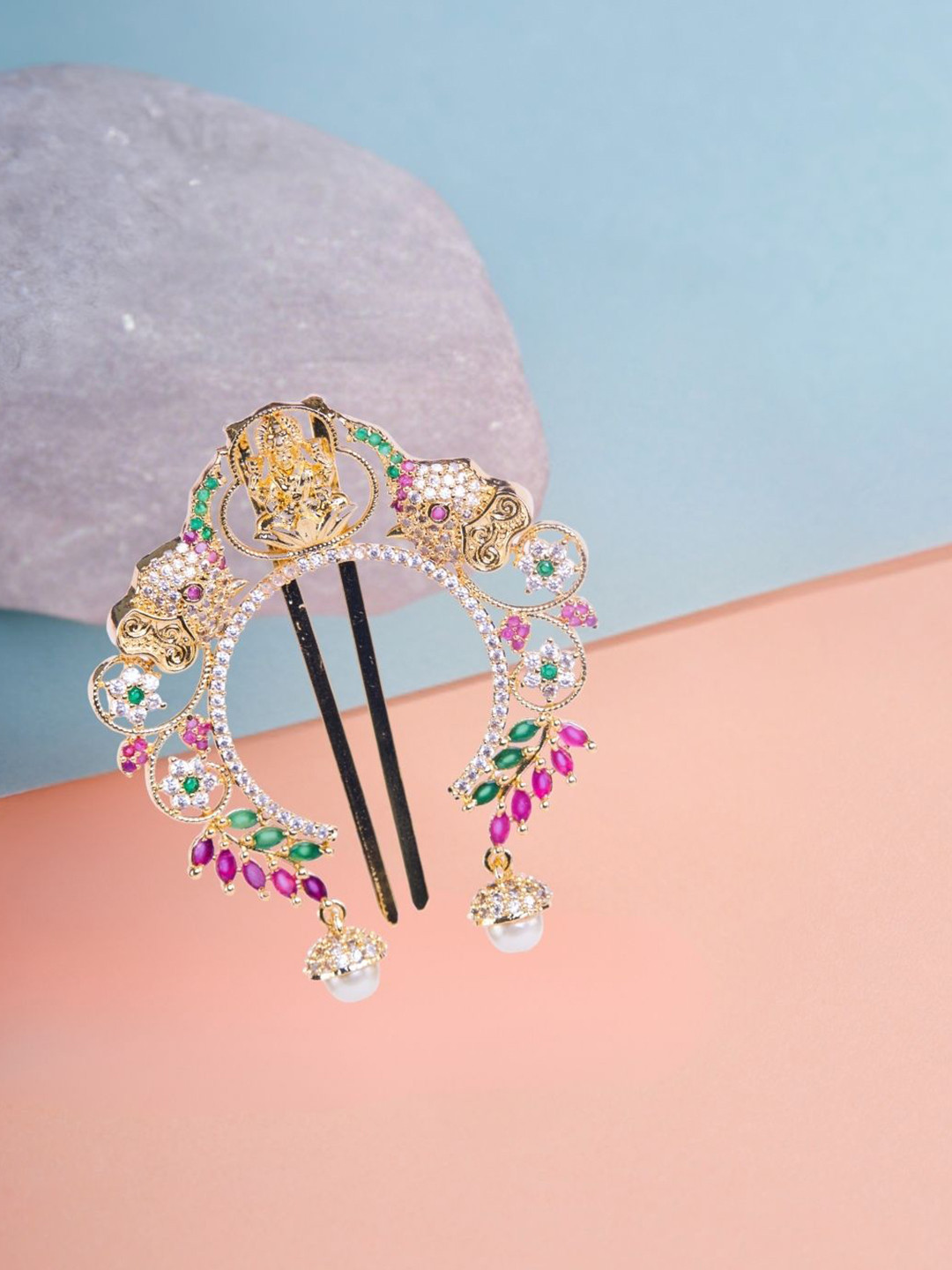 Opal Touch Gold-Plated American Diamond Studded Bun Pin Head Jewellery