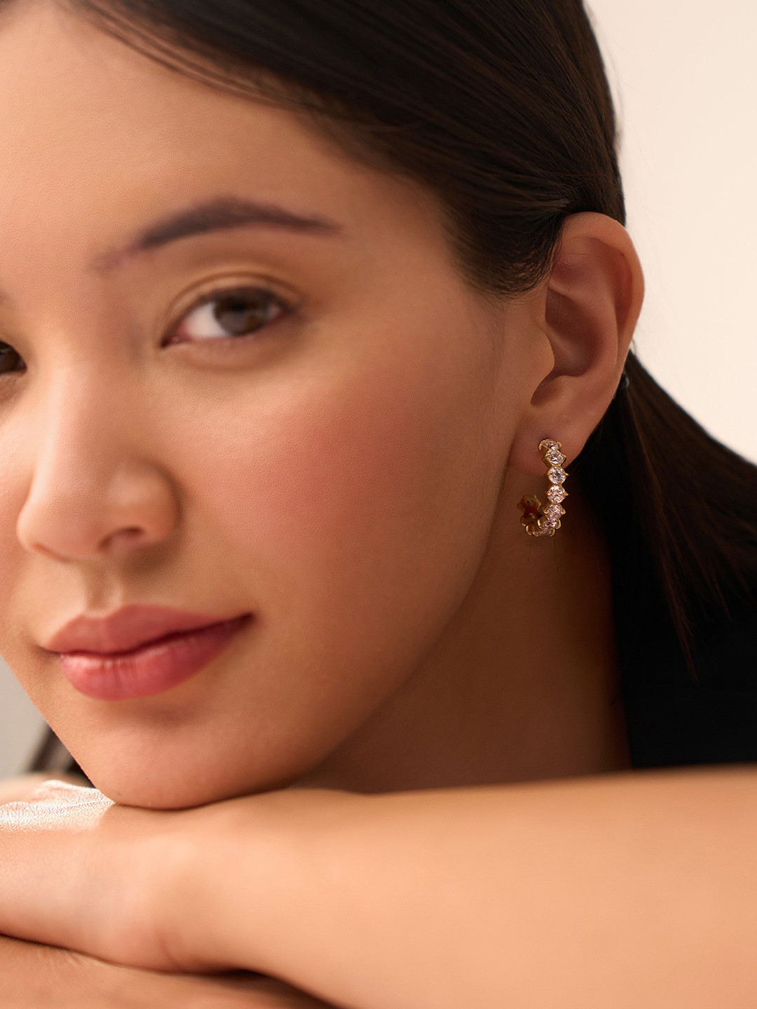 Elinor Jewels Tala 18K Gold Plated Cubic Zirconia Studded Half Hoop Earrings