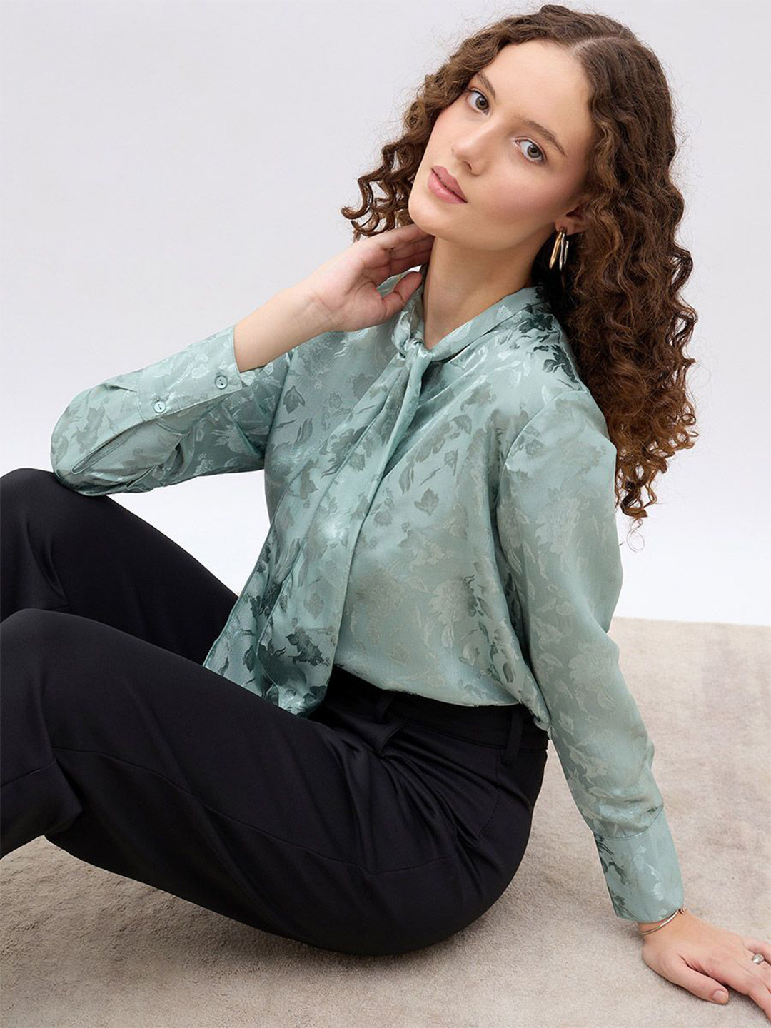 Styli Women Jacquard Tie Up Neck Shirt With Conceal Placket