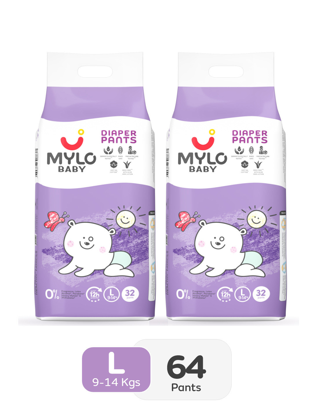 Mylo Pack of 2 Up To 12 Hours Absorption Rash Free Leak Proof Diaper Pants -L -32Pcs Each
