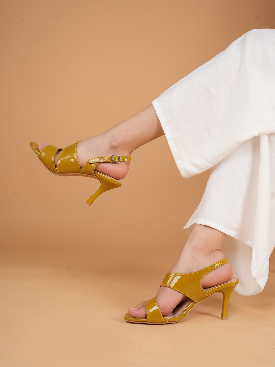 DROP BOLD Women Synthetic Patent Mid-Top Slim Sandals with Buckles