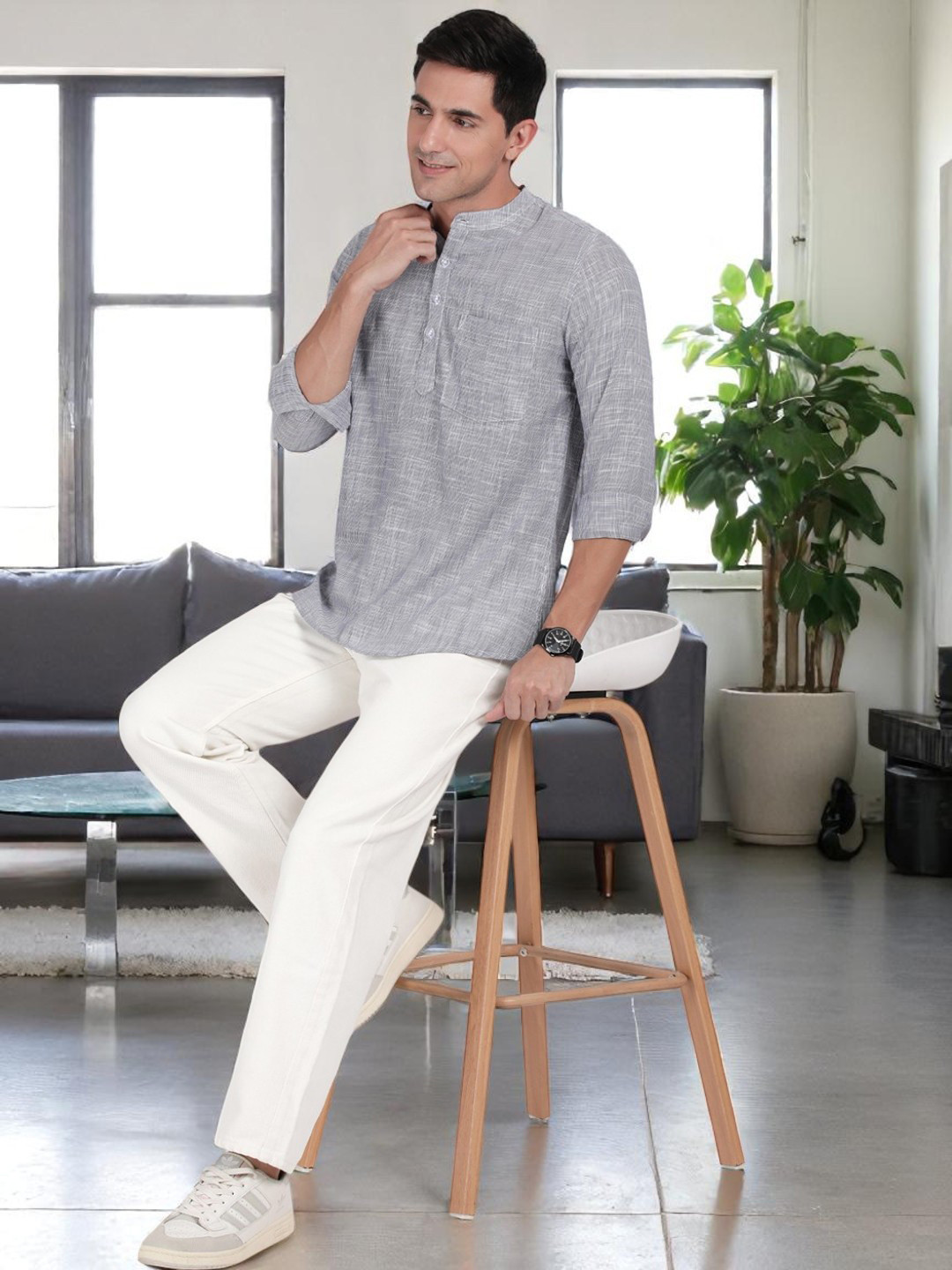 THE SOUL PATROL Textured Thread Work Mandarin Collar Short Kurta