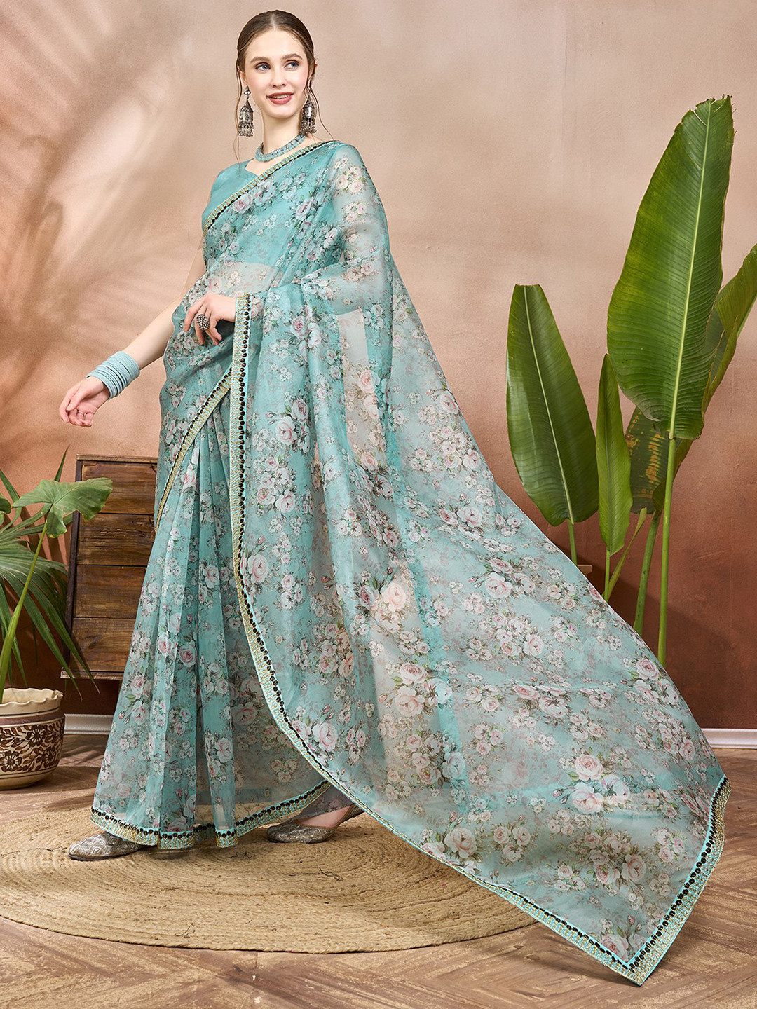 Sangria Peacock Abstract Printed Embroidered Indie Florals Saree With Blouse Piece