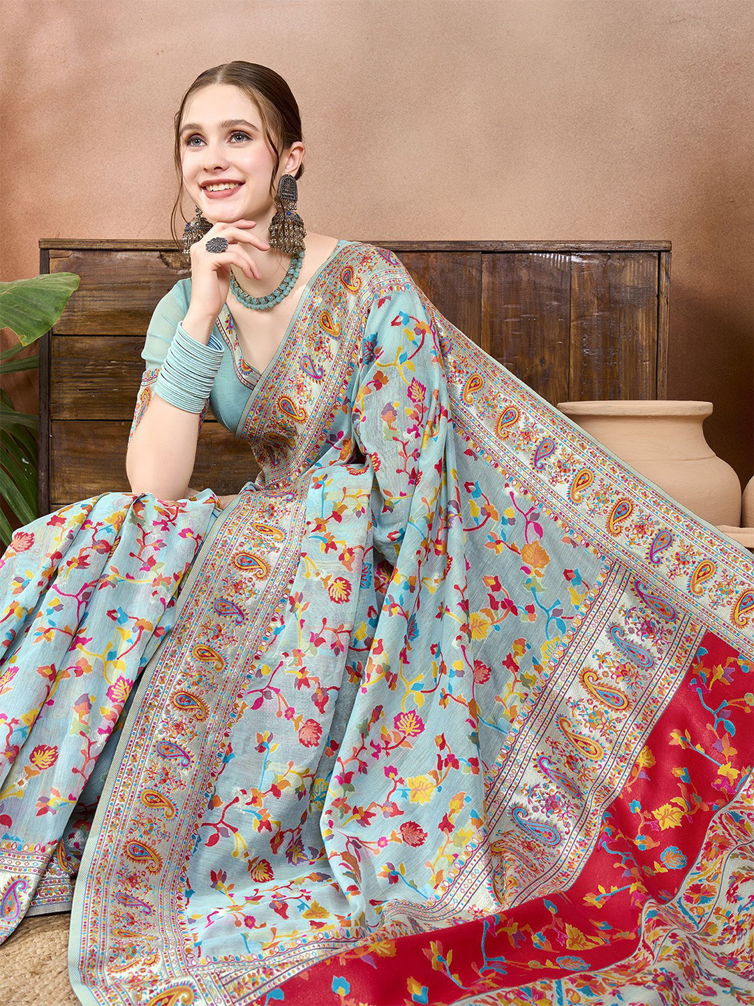Sangria Jamdani Pastle Pashmina Kashmiri Saree With Blouse Piece