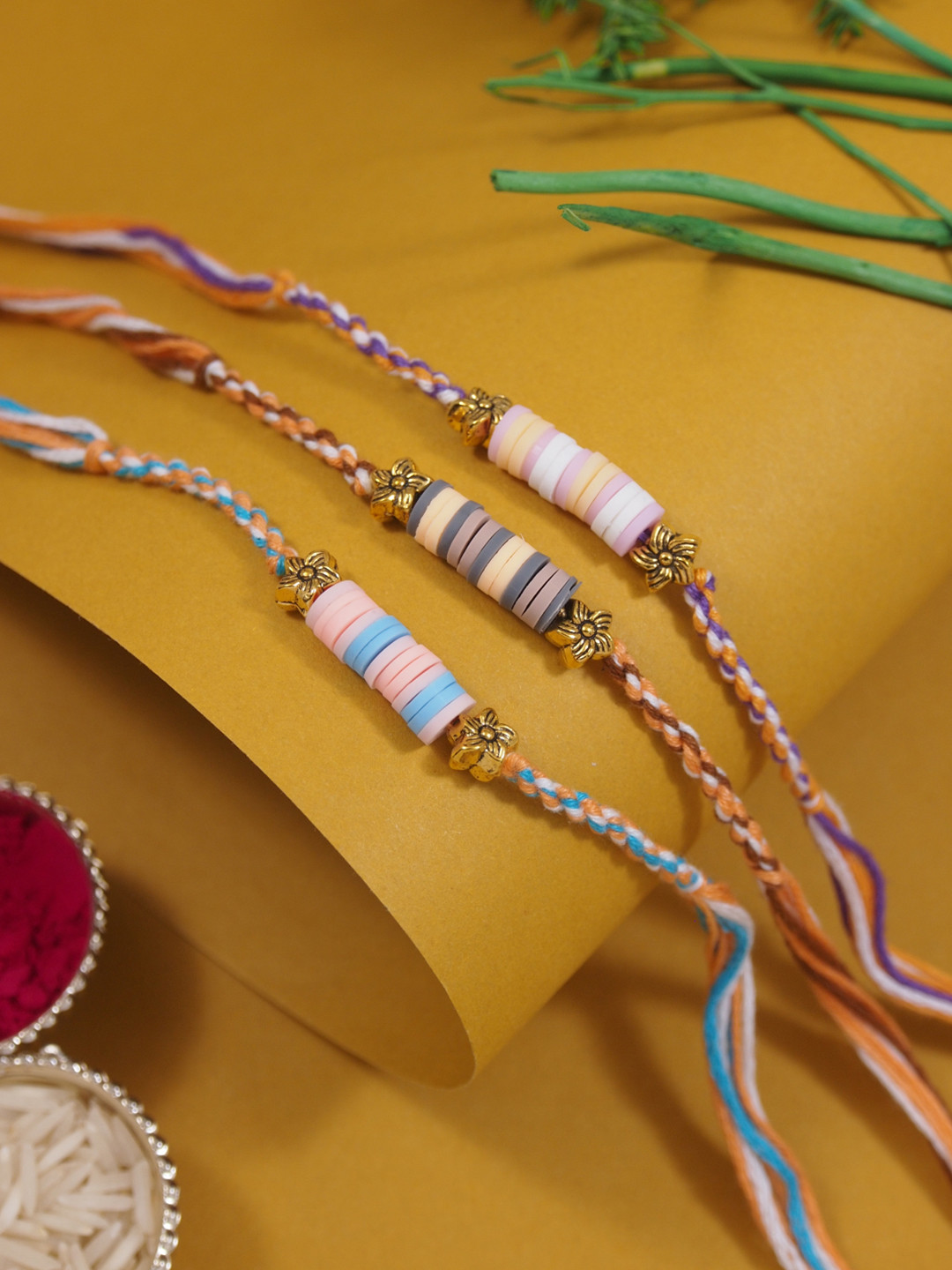I Jewels Kids Set Of 3 Fancy Clay Beads Thread Rakhi With Roli Chawal