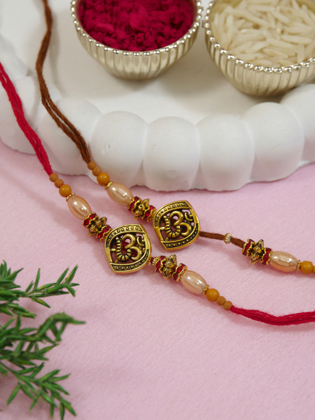I Jewels Set Of 2 Classy Om Rakhi Thread Rakhi With Roli Chawal