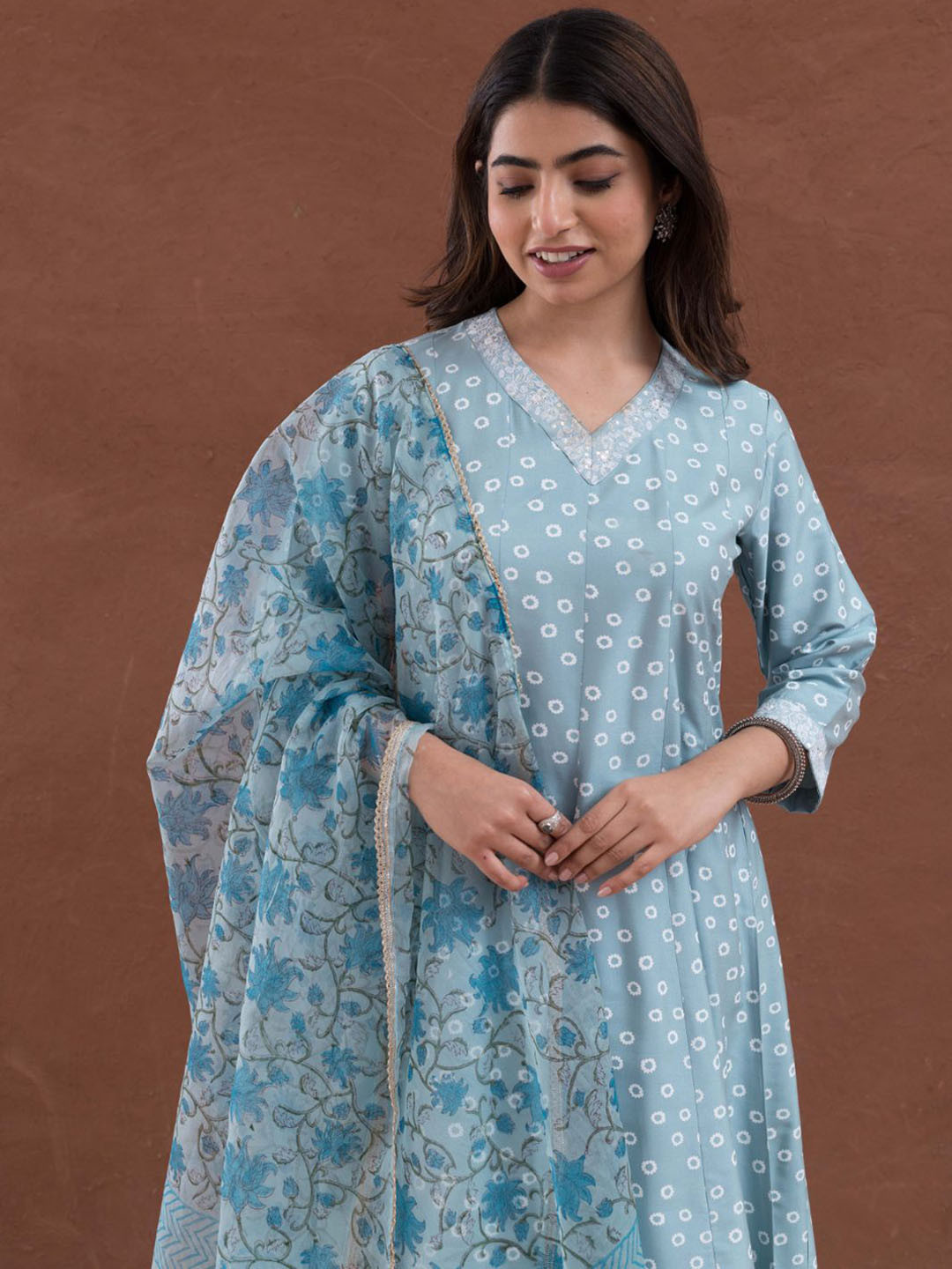 MAAND Geometric Printed Sequinned Pure Silk Anarkali Kurta With Trousers & Dupatta