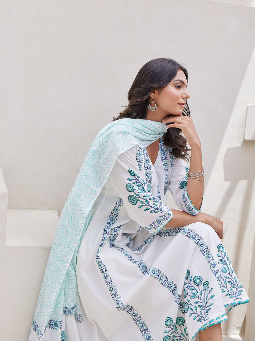 MAAND Hand Block Print Pure Cotton Anarkali Kurta With Trousers & Dupatta