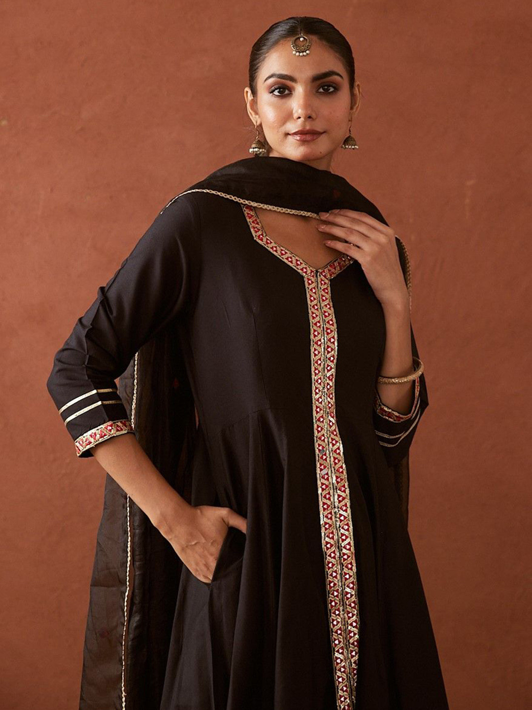 MAAND Embroidered Gotta Patti Pure Silk Anarkali Kurta With Trousers & Dupatta