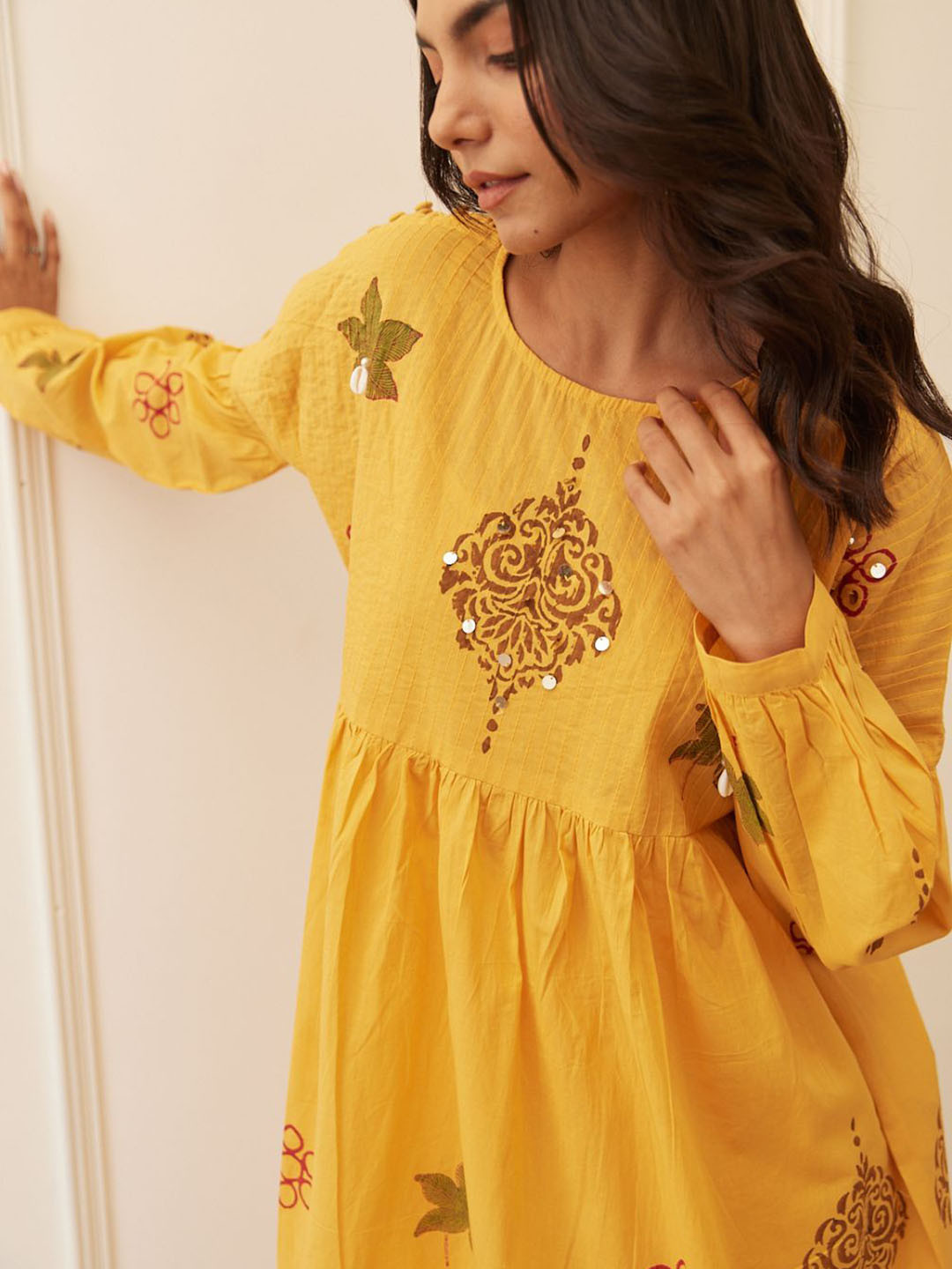 MAAND Ethnic Hand Block Print Oversize Sequinned Pure Cotton Empire Kurta With Trousers