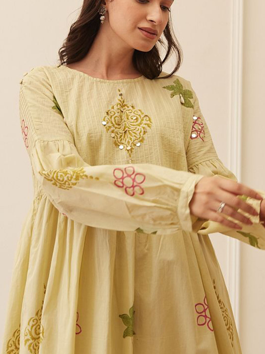 MAAND Women Hand Block Print Oversize Embroidered Regular Pure Cotton Kurta with Trousers